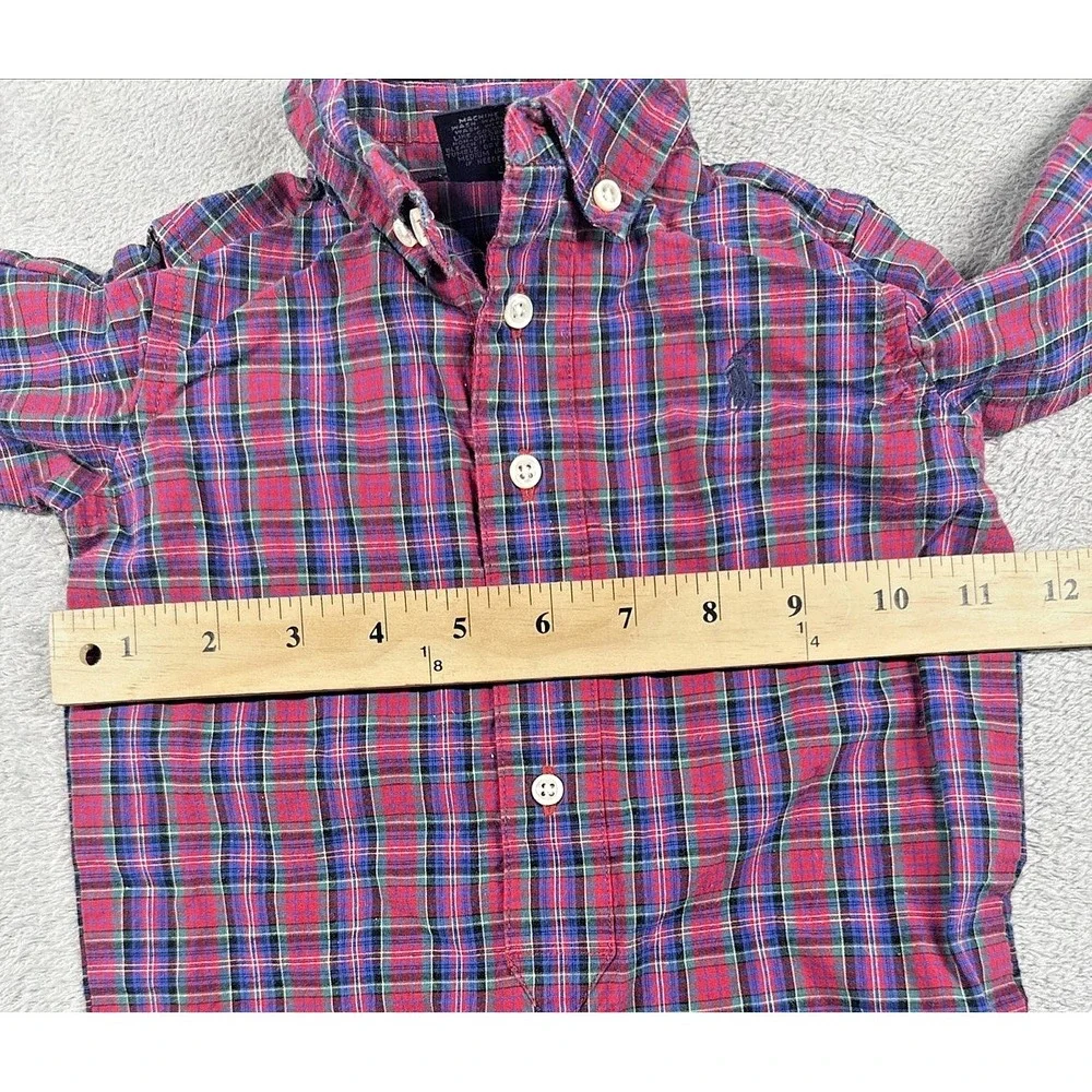 Ralph‎ Lauren Infant Button-Down Long Sleeve Plaid Bodysuit Red/Blue Size S 3-6M